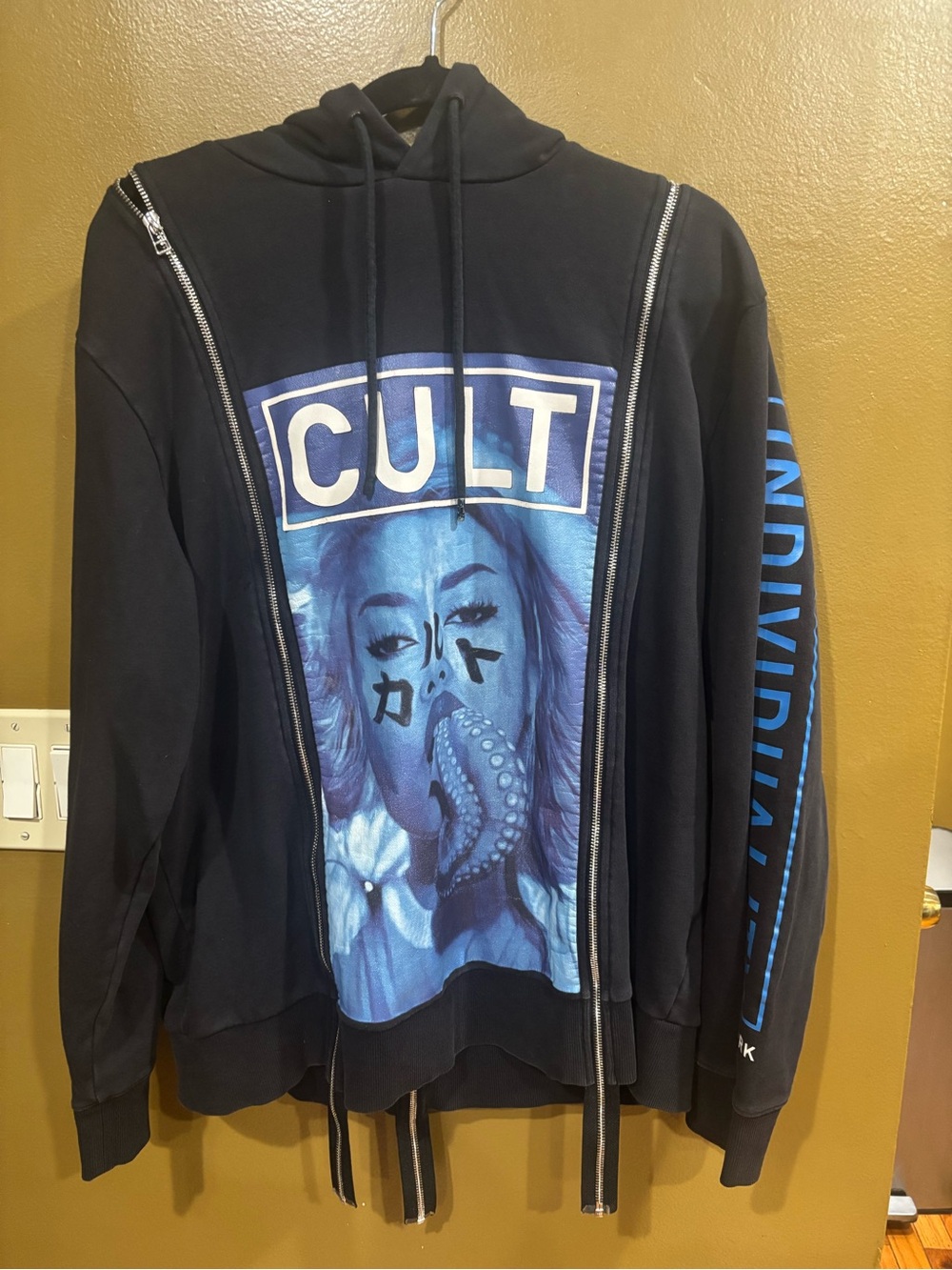 Rare Cult of Individuality Men's Graphic Cotton Hoodie W/Zippers Med Black Blue